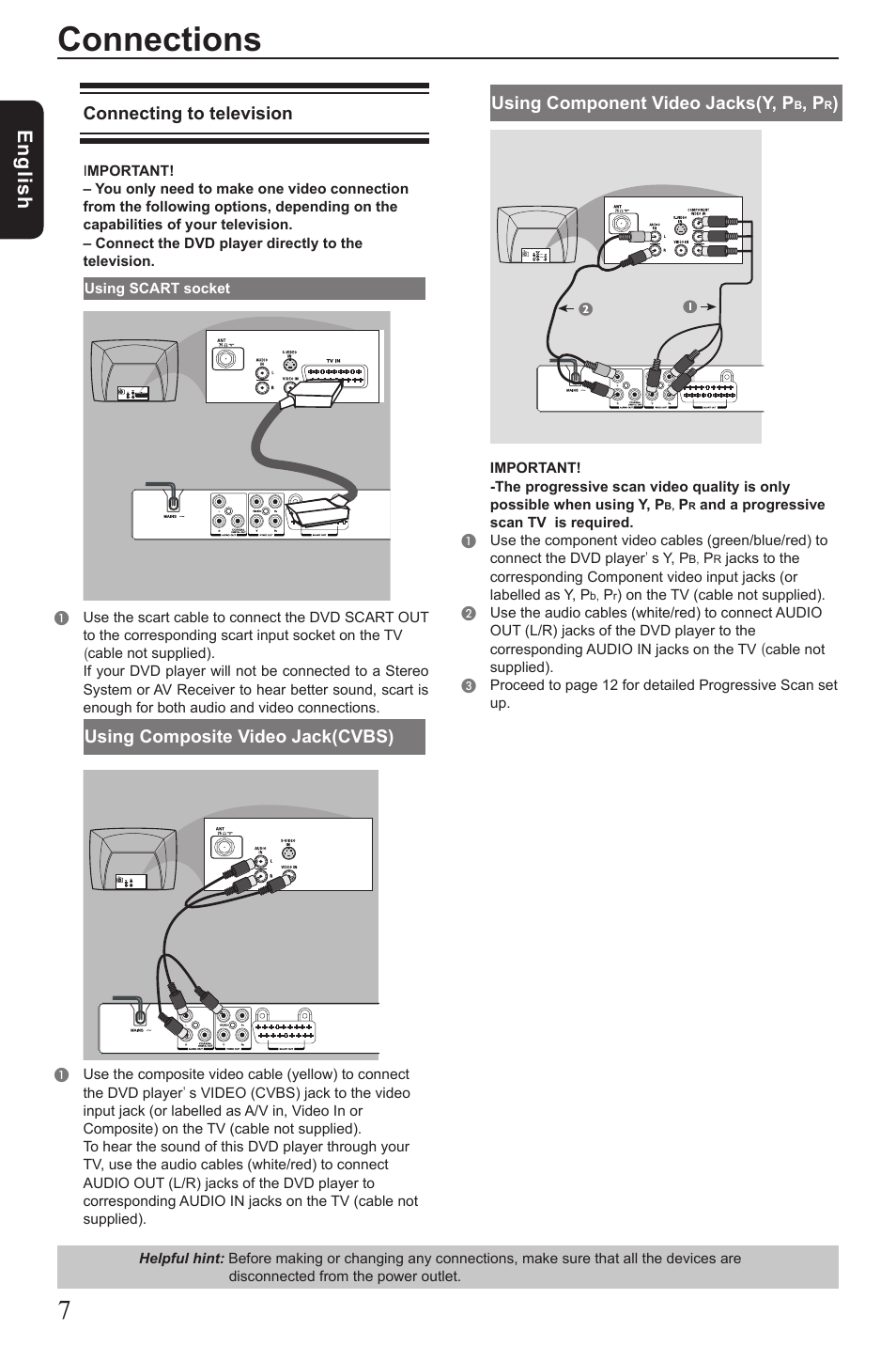 Connections, Eng lis h, Connecting to television | Using composite video jack(cvbs), Using component video jacks(y, p | Toshiba SD2010 User Manual | Page 8 / 28