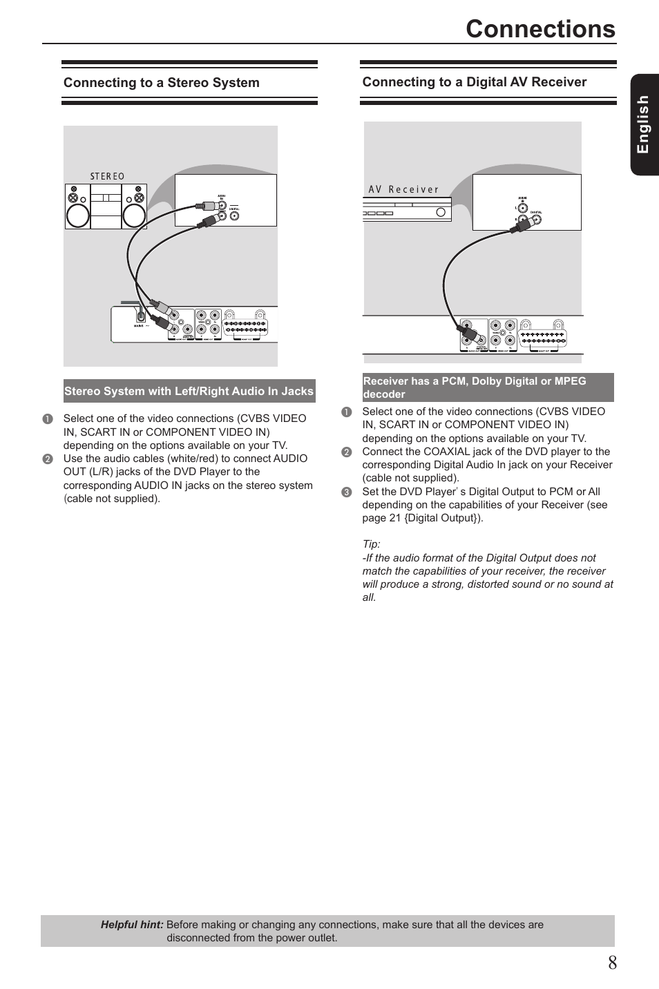 Connections, Eng lis h | Toshiba SD2010 User Manual | Page 9 / 28