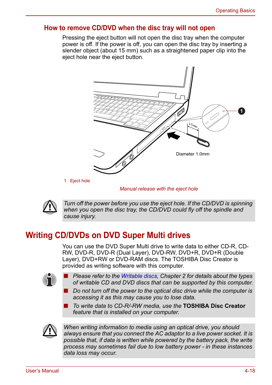 Writing cd/dvds on dvd super multi drives, Writing cd/dvds on dvd super multi drives -18 | Toshiba Tecra M11 User Manual | Page 102 / 207