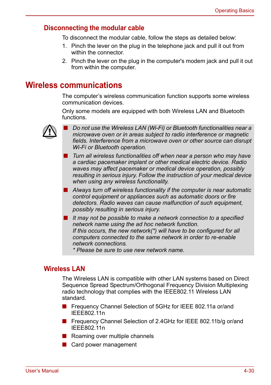 Wireless communications, Wireless communications -30, Disconnecting the modular cable | Wireless lan | Toshiba Tecra M11 User Manual | Page 114 / 207