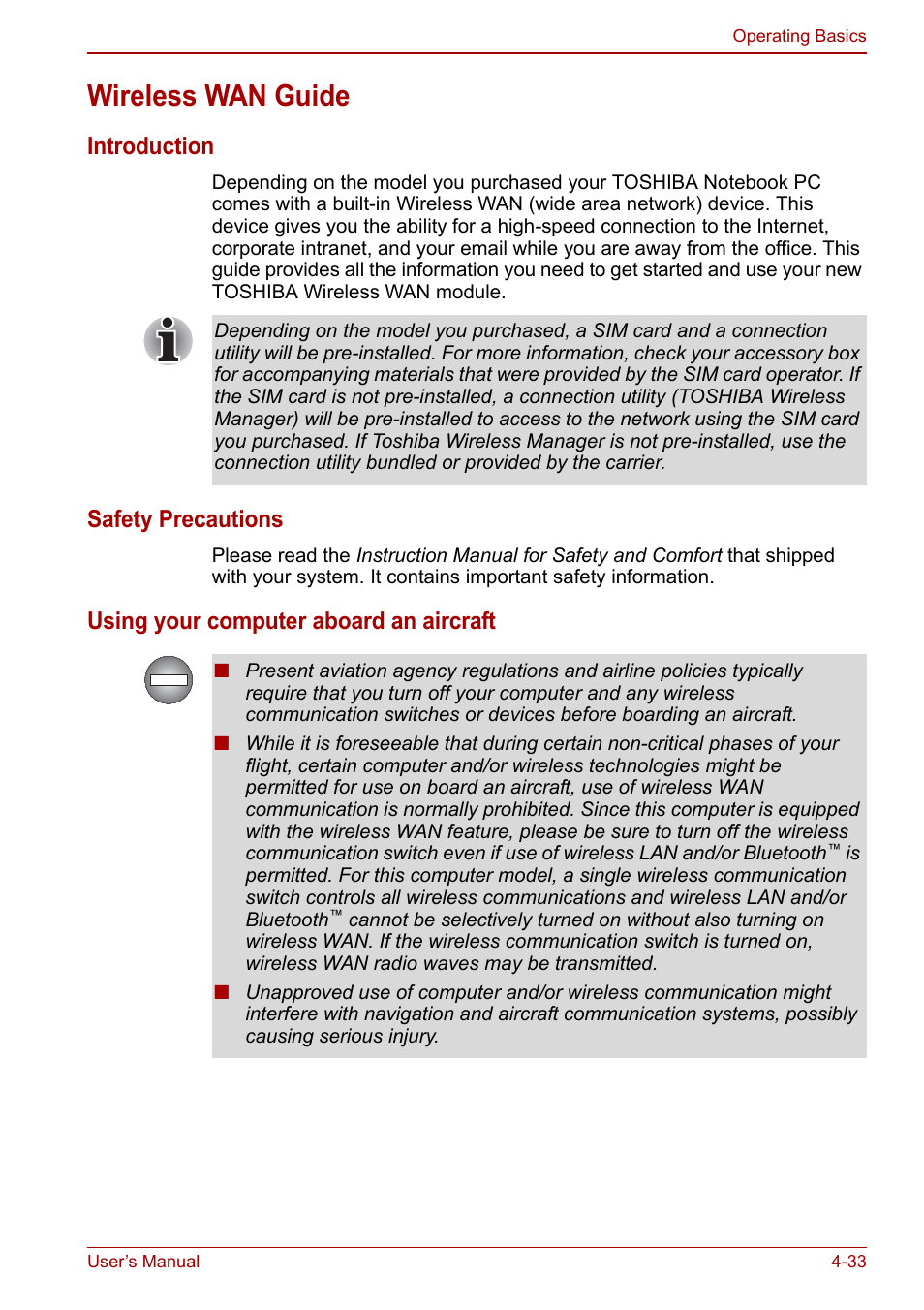 Wireless wan guide, Introduction, Safety precautions | Using your computer aboard an aircraft | Toshiba Tecra M11 User Manual | Page 117 / 207