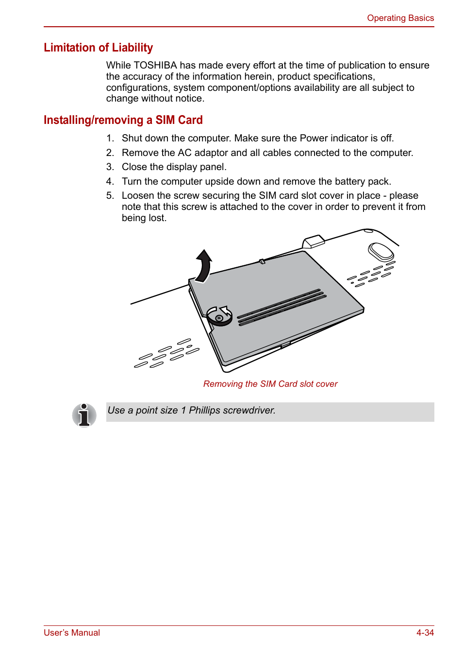 Limitation of liability, Installing/removing a sim card | Toshiba Tecra M11 User Manual | Page 118 / 207