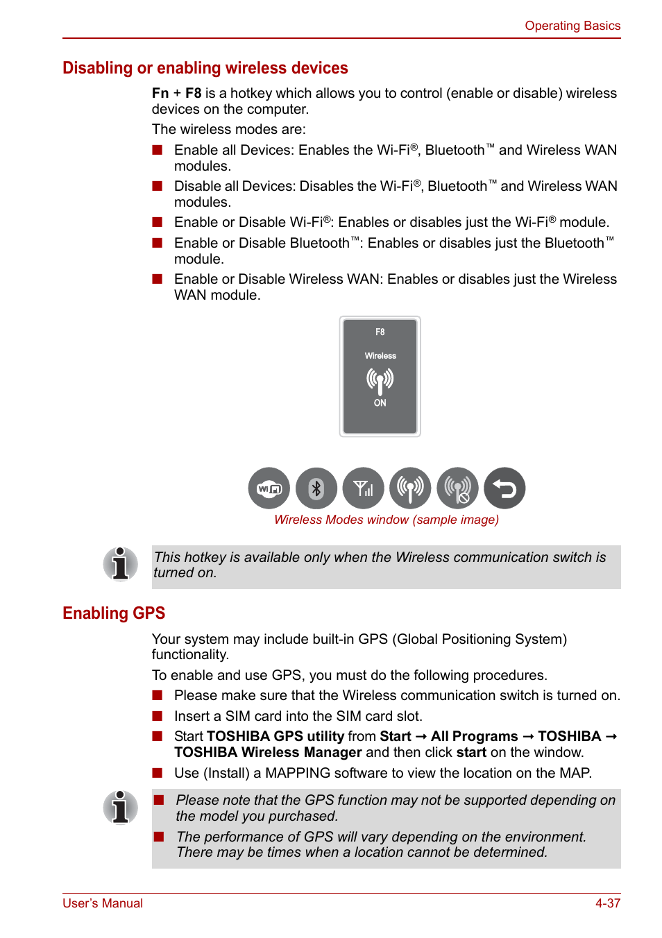 Disabling or enabling wireless devices, Enabling gps | Toshiba Tecra M11 User Manual | Page 121 / 207