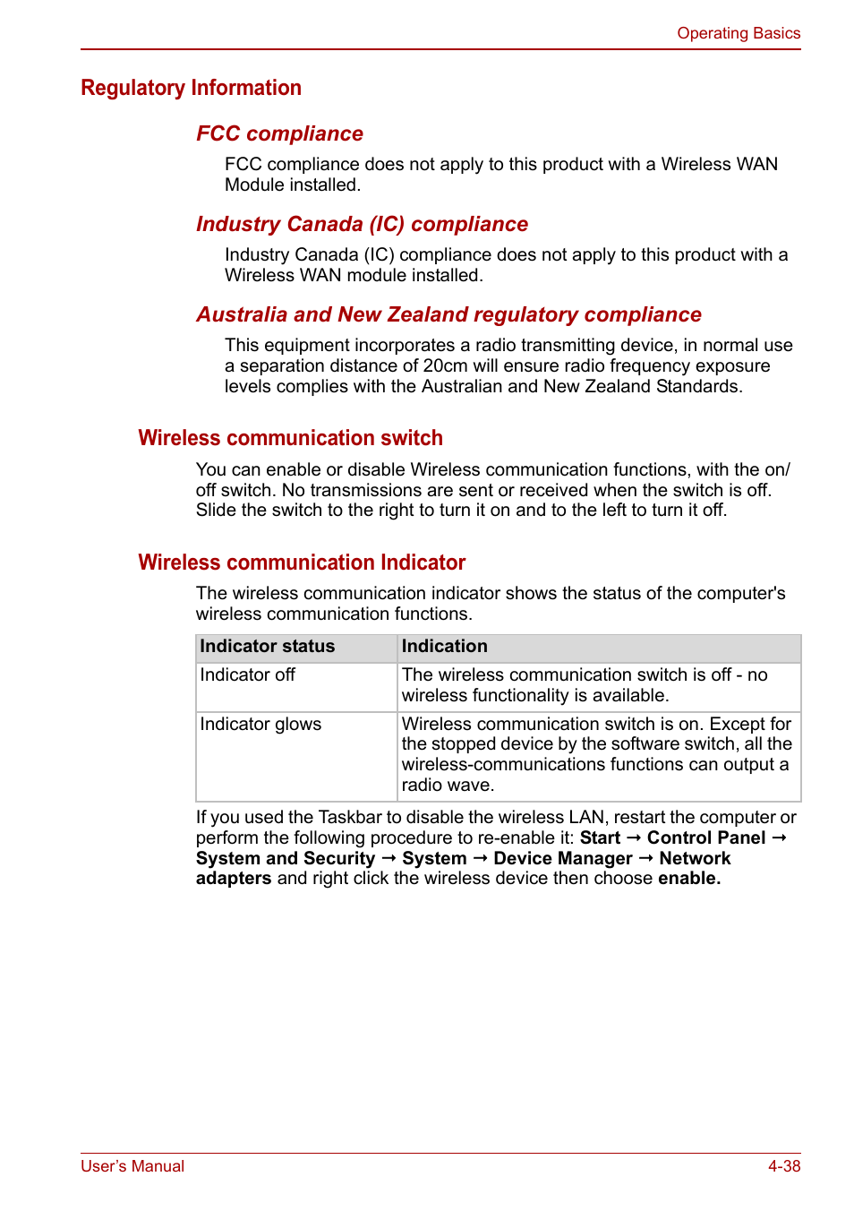 Regulatory information, Wireless communication switch, Wireless communication indicator | Toshiba Tecra M11 User Manual | Page 122 / 207