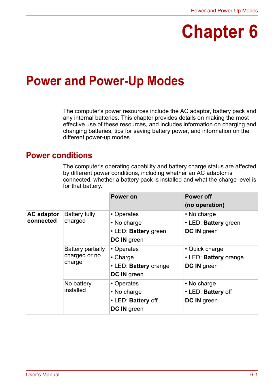 Chapter 6: power and power-up modes, Power conditions, Chapter 6 | Power and power-up modes, Power conditions -1, Power, And power-up modes, Power and power-up, Modes, Apter 6 | Toshiba Tecra M11 User Manual | Page 138 / 207