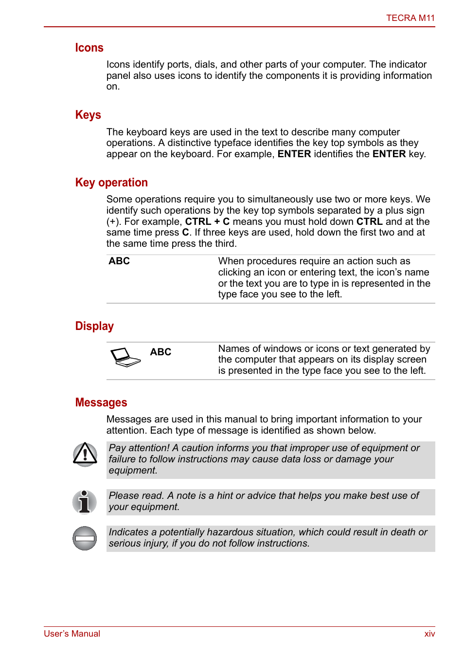 Icons, Keys, Key operation | Display messages | Toshiba Tecra M11 User Manual | Page 14 / 207