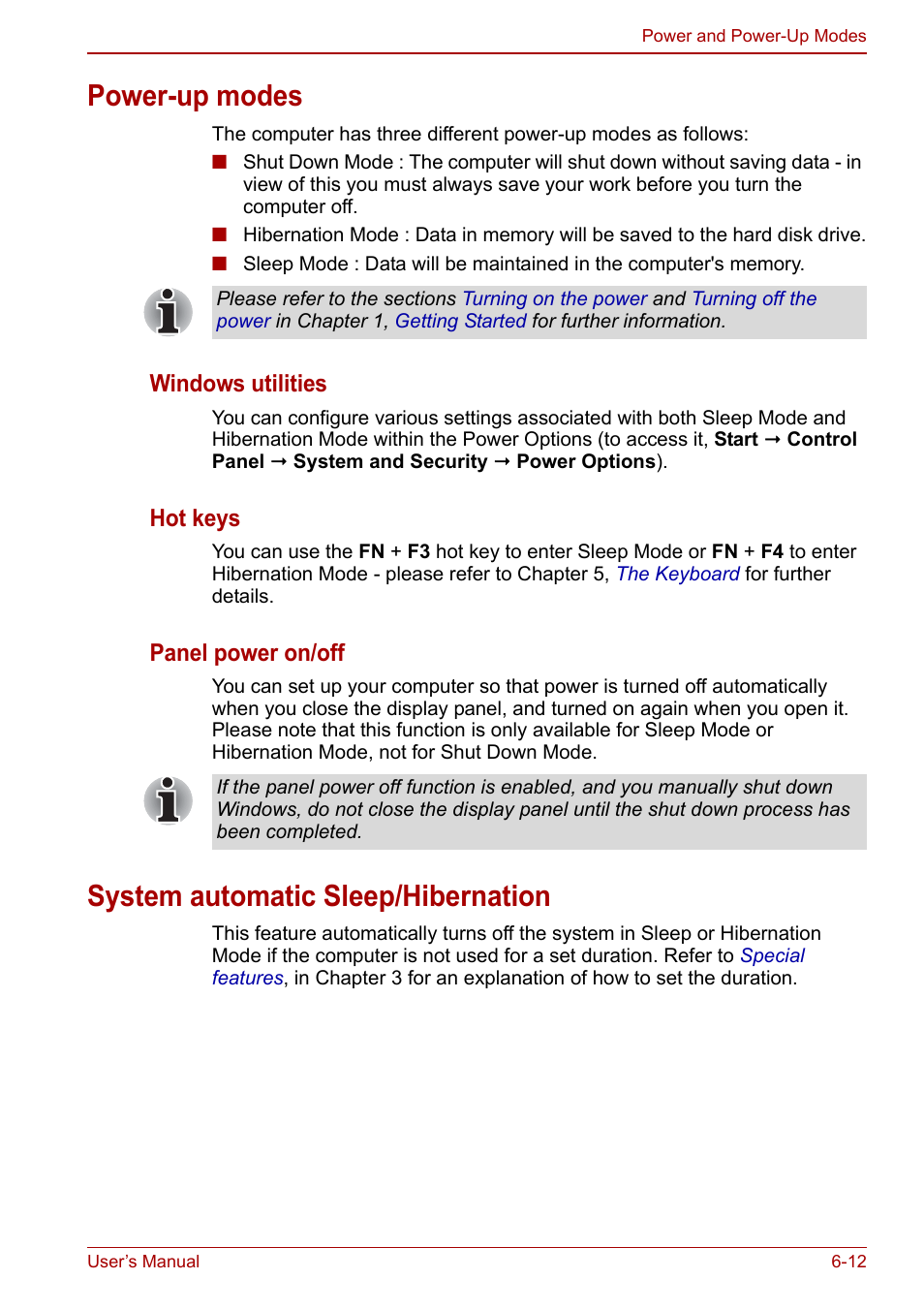 Power-up modes, System automatic sleep/hibernation | Toshiba Tecra M11 User Manual | Page 149 / 207