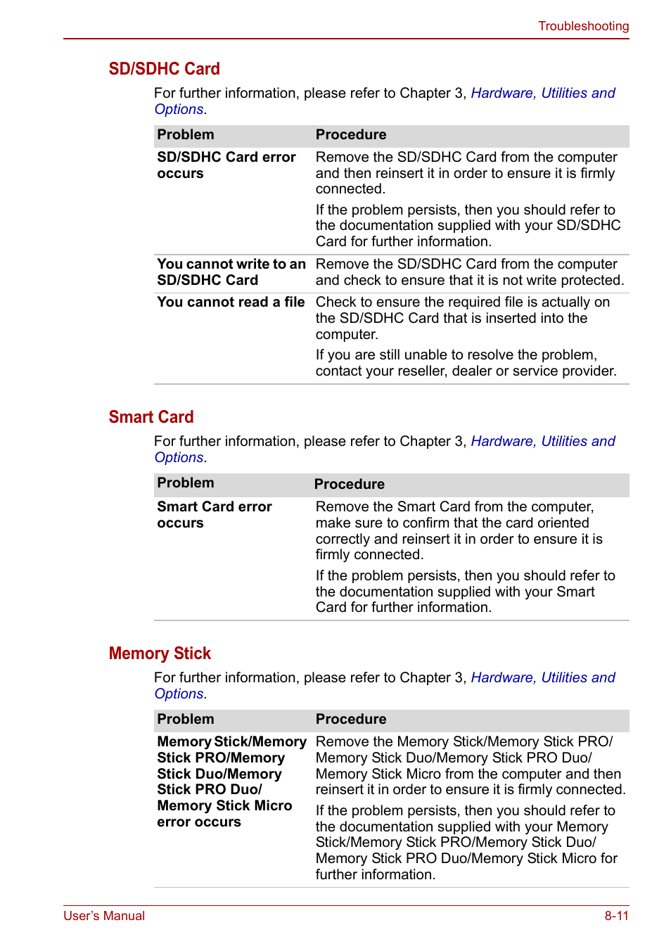 Sd/sdhc card, Smart card | Toshiba Tecra M11 User Manual | Page 166 / 207