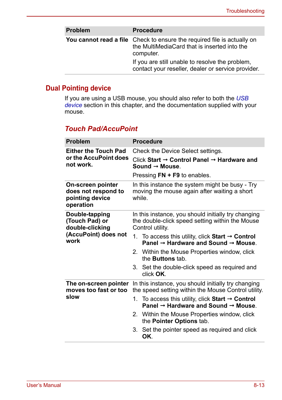 Dual pointing device | Toshiba Tecra M11 User Manual | Page 168 / 207