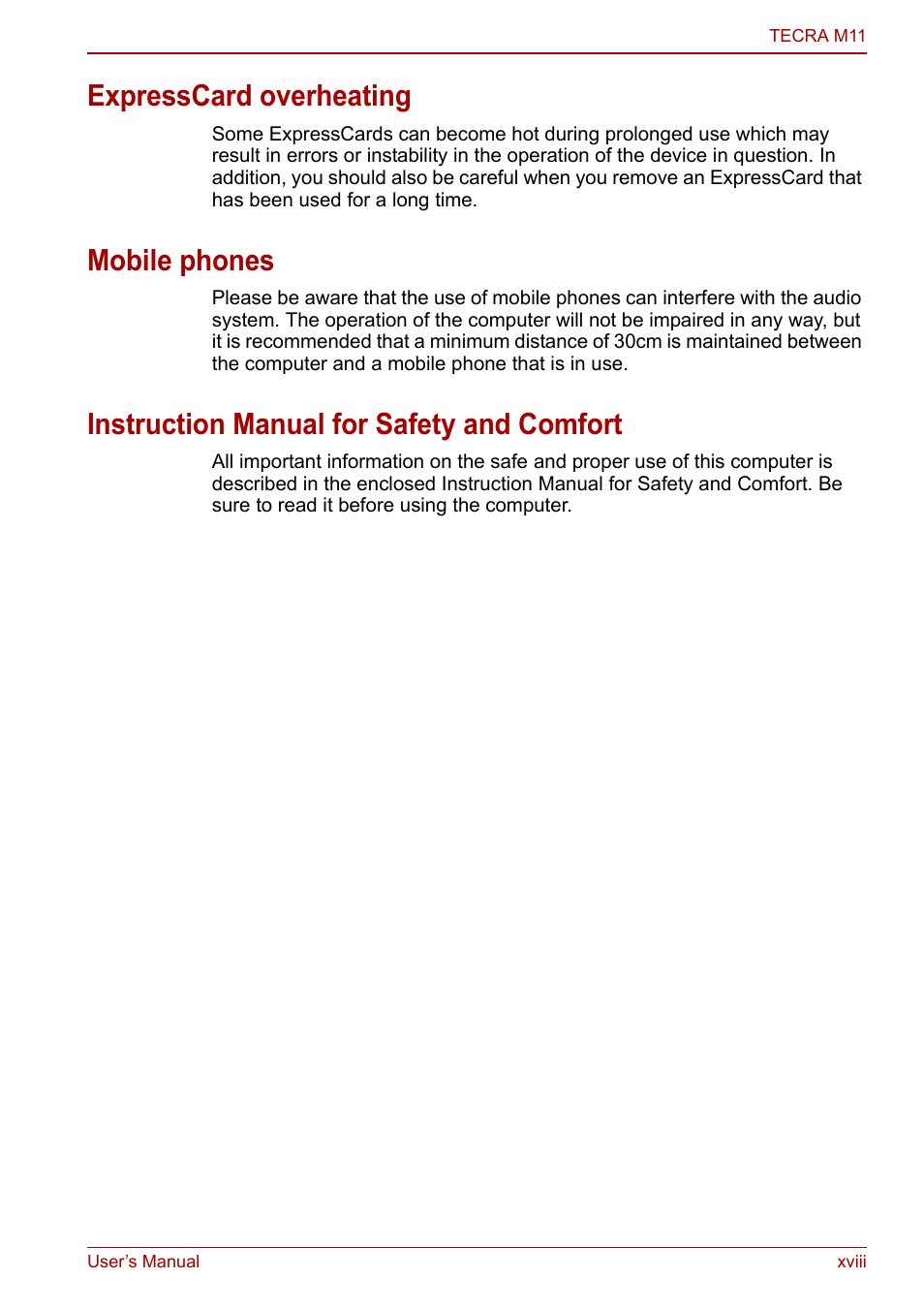 Expresscard overheating, Mobile phones, Instruction manual for safety and comfort | Toshiba Tecra M11 User Manual | Page 18 / 207