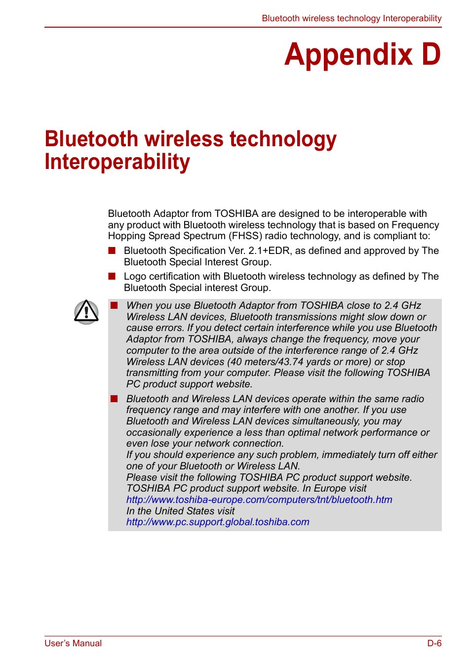 Appendix d, Bluetooth wireless technology interoperability | Toshiba Tecra M11 User Manual | Page 186 / 207