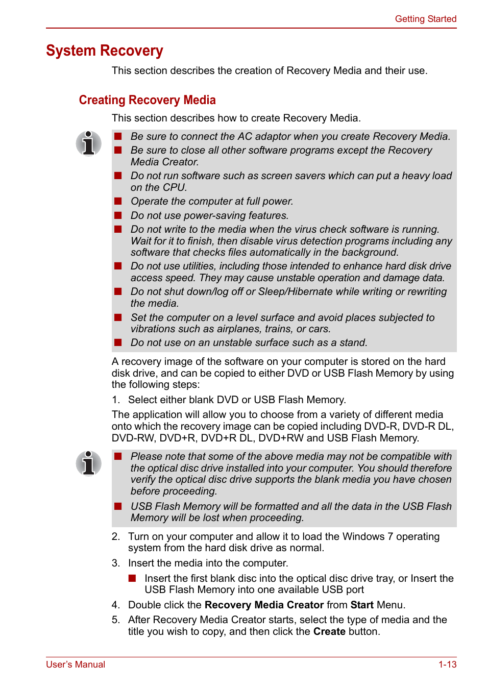 System recovery, System recovery -13, Creating recovery media | Toshiba Tecra M11 User Manual | Page 31 / 207