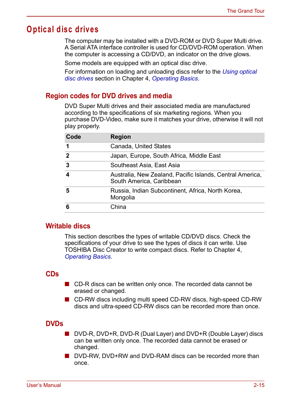 Optical disc drives, Optical disc drives -15, O ptical disc drives | Region codes for dvd drives and media, Writable discs, Dvds | Toshiba Tecra M11 User Manual | Page 48 / 207