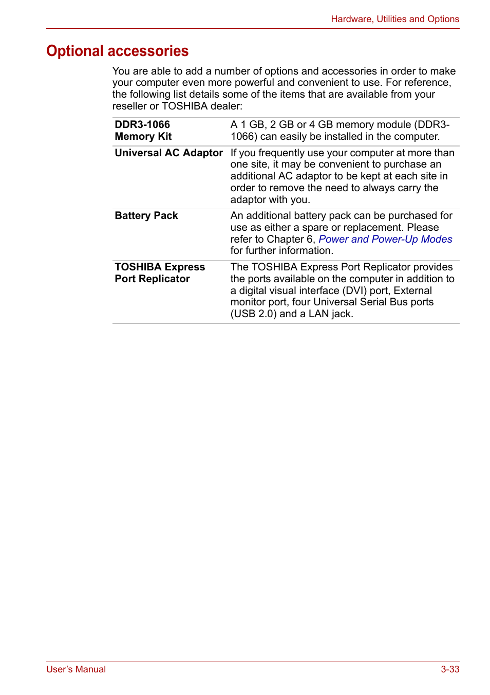 Optional accessories, Optional accessories -33 | Toshiba Tecra M11 User Manual | Page 84 / 207