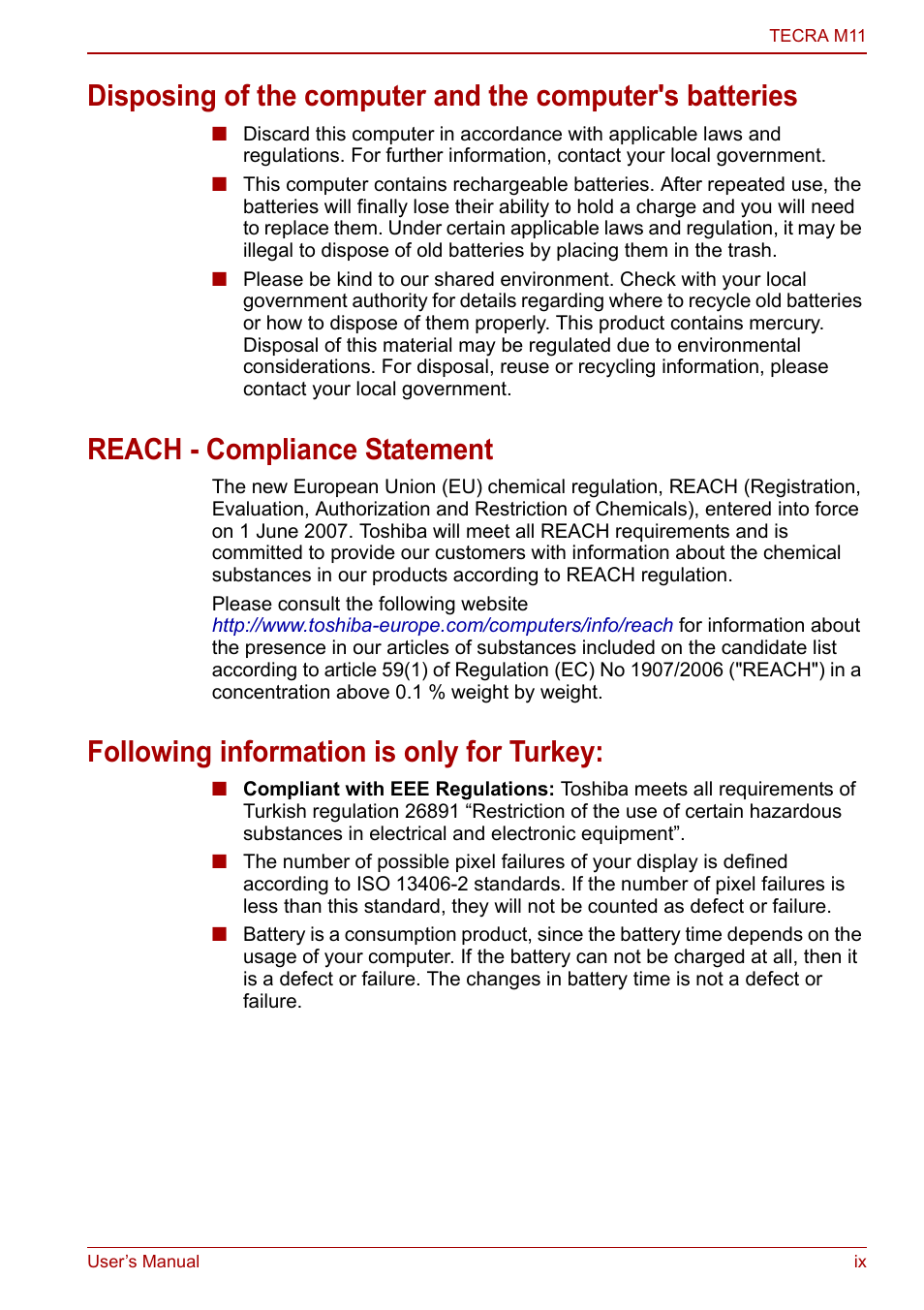 Reach - compliance statement, Following information is only for turkey | Toshiba Tecra M11 User Manual | Page 9 / 207