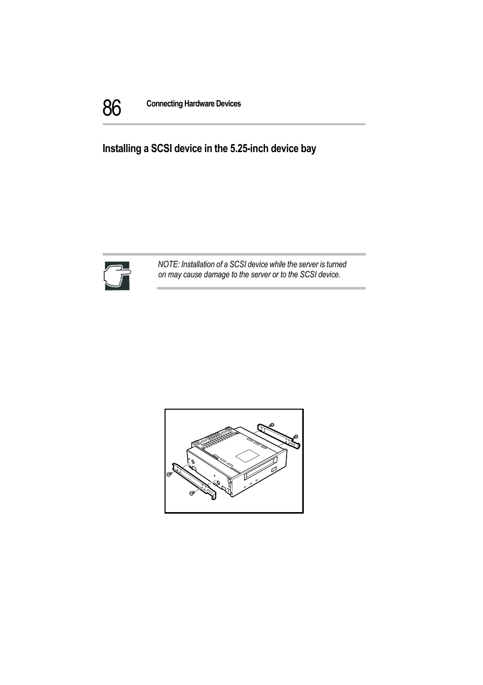 2 unplug the power cable, 3 remove the front door panel and side panel, Fitting rails to a scsi device | Toshiba Magnia 550d User Manual | Page 103 / 208