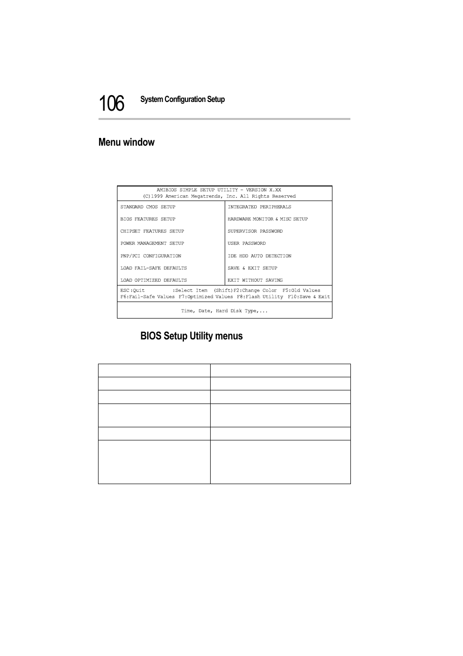 Menu window, Bios setup utility menus | Toshiba Magnia 550d User Manual | Page 122 / 208