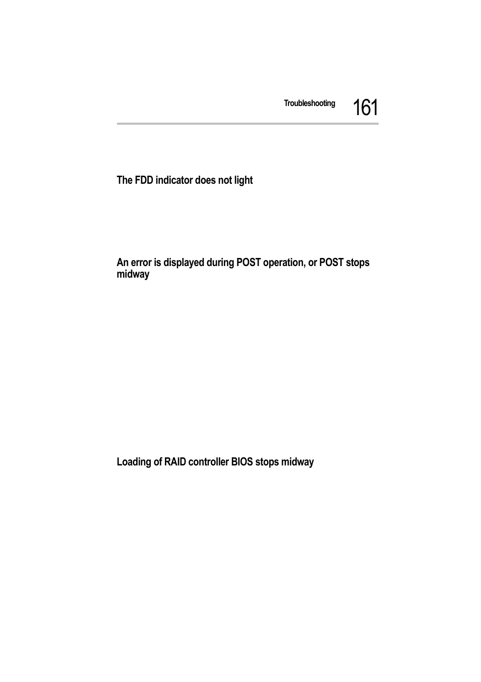 The fdd indicator does not light, Loading of raid controller bios stops midway, 1 is the raid controller properly connected | 161 loading of raid controller bios stops midway | Toshiba Magnia 550d User Manual | Page 177 / 208