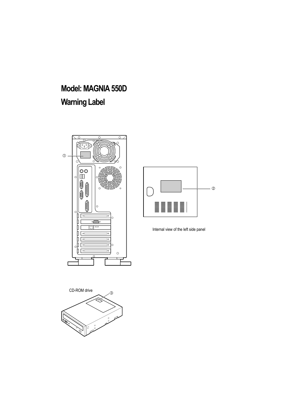 Model: magnia 550d, Warning label, Rear view | Model: magnia 550d warning label | Toshiba Magnia 550d User Manual | Page 2 / 208