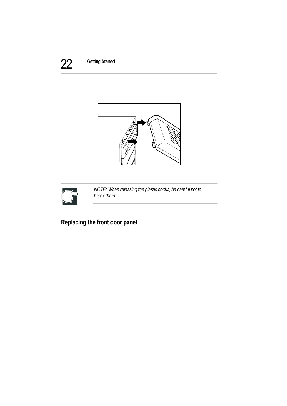 Removing the front door panel, Replacing the front door panel | Toshiba Magnia 550d User Manual | Page 39 / 208