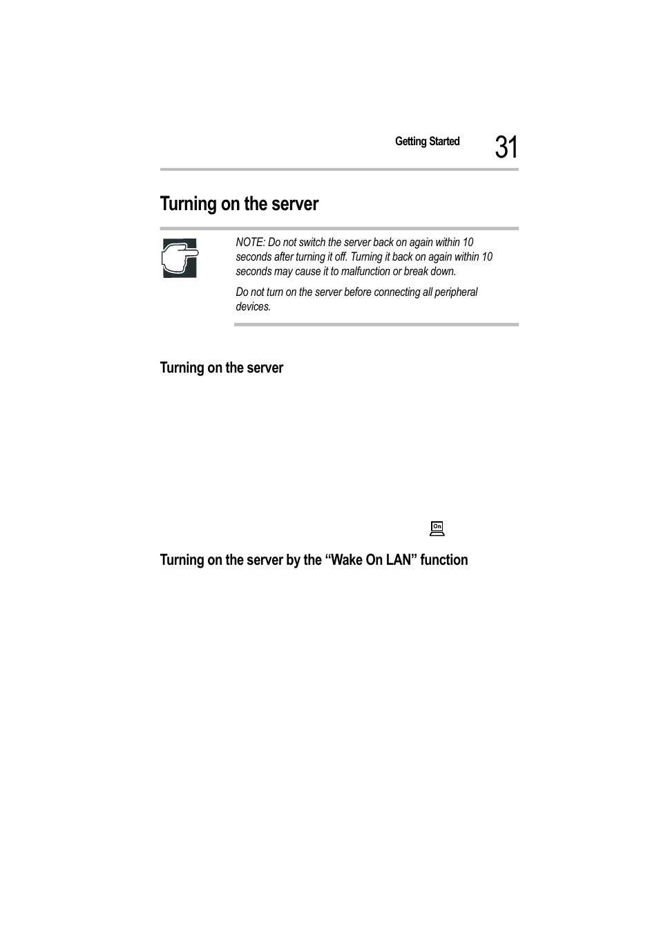 Turning on the server, 3 turn on the monitor, 4 press the power button on the server | Toshiba Magnia 550d User Manual | Page 48 / 208