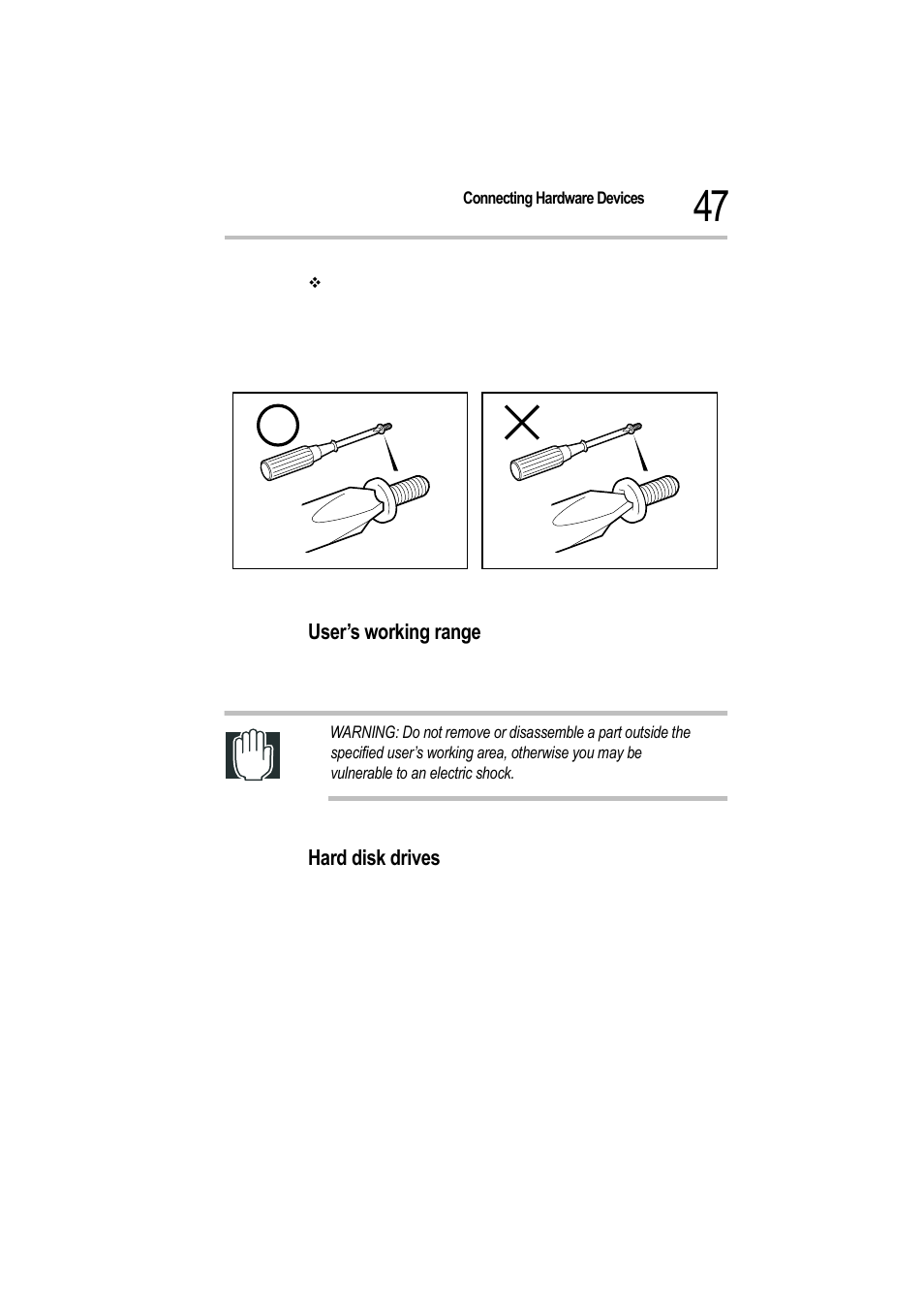 Screw head and screwdriver, User’s working range, Hard disk drives | Toshiba Magnia 550d User Manual | Page 64 / 208