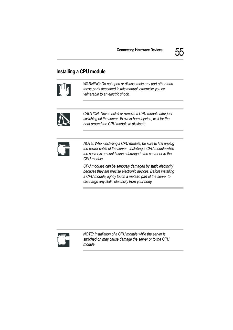 Installing a cpu module, 2 unplug the power cable, 3 remove the front door panel and the side panel | Toshiba Magnia 550d User Manual | Page 72 / 208