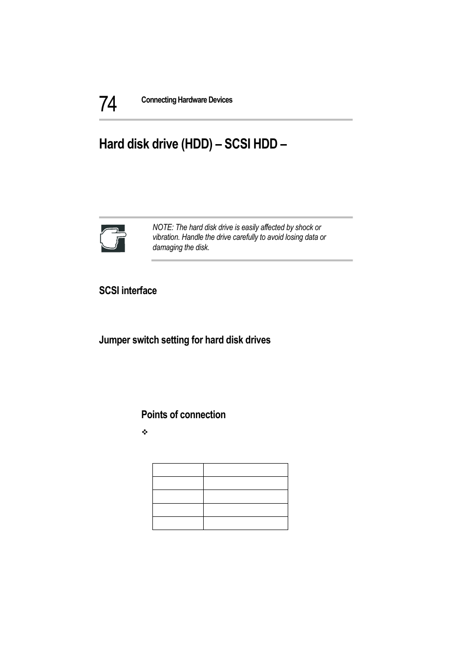 Hard disk drive (hdd) – scsi hdd, Scsi interface, Jumper switch setting for hard disk drives | Points of connection | Toshiba Magnia 550d User Manual | Page 91 / 208