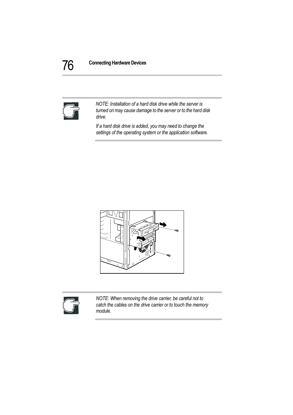 2 unplug the power cable, 3 remove the front door panel and side panel, Removing the drive carrier | Toshiba Magnia 550d User Manual | Page 93 / 208