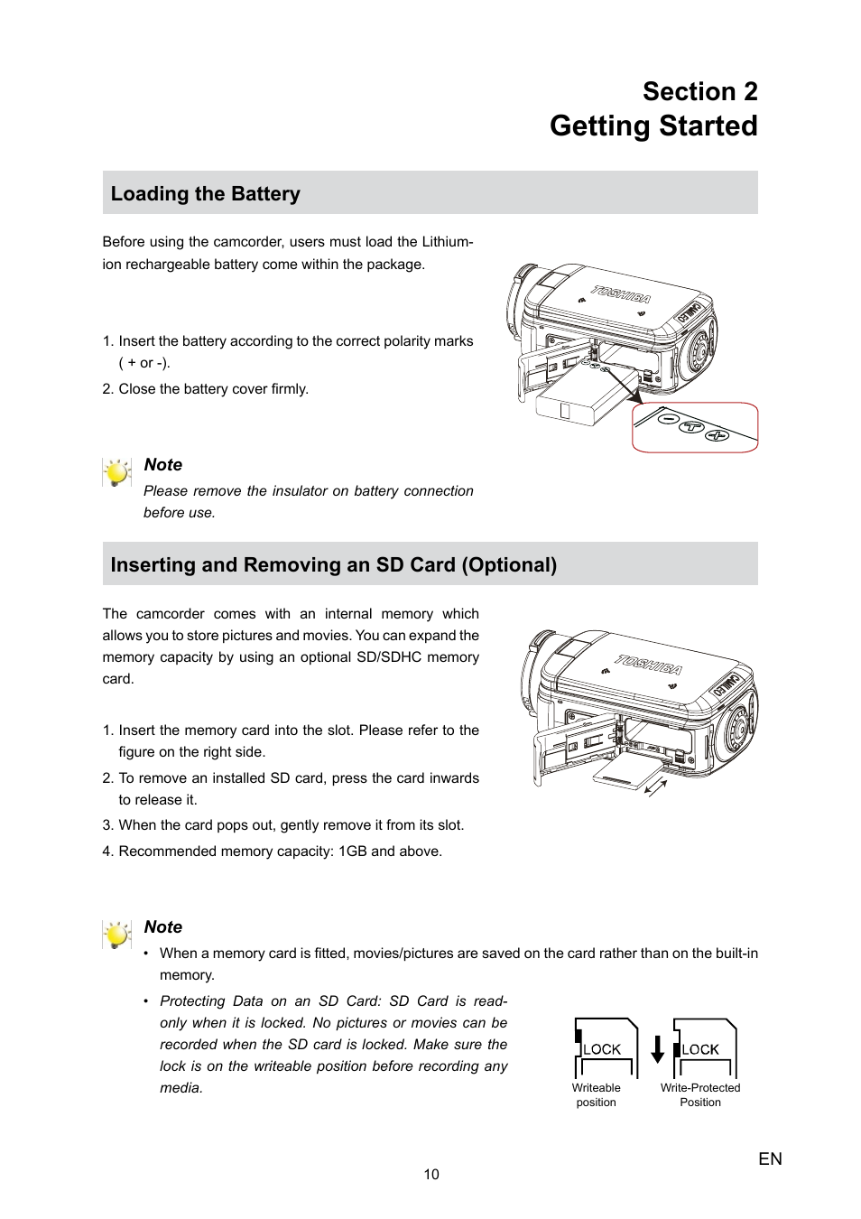 Getting started, Loading the battery, Inserting and removing an sd card (optional) | Toshiba Camileo H30 User Manual | Page 10 / 52