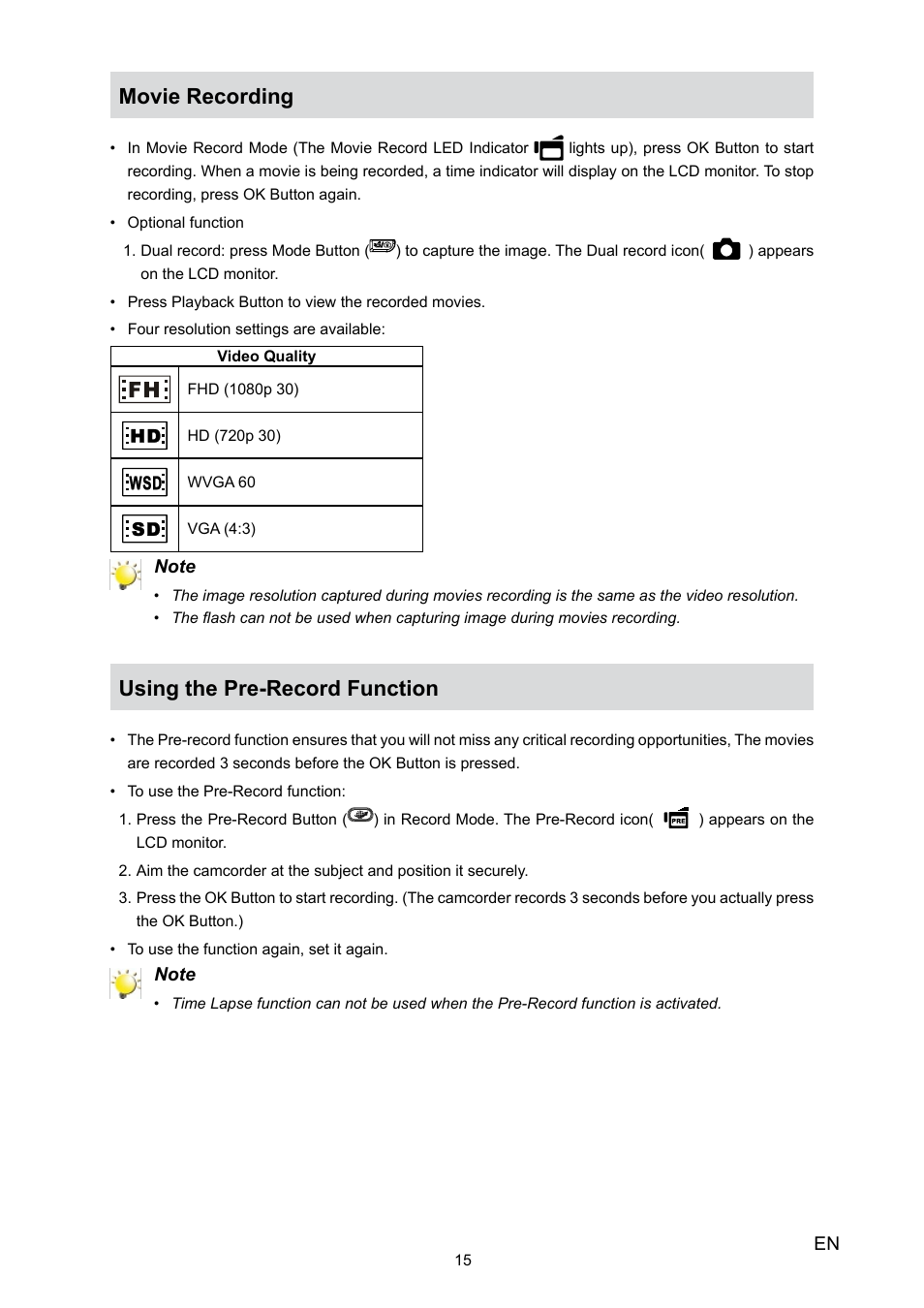 Movie recording, Using the pre-record function | Toshiba Camileo H30 User Manual | Page 15 / 52