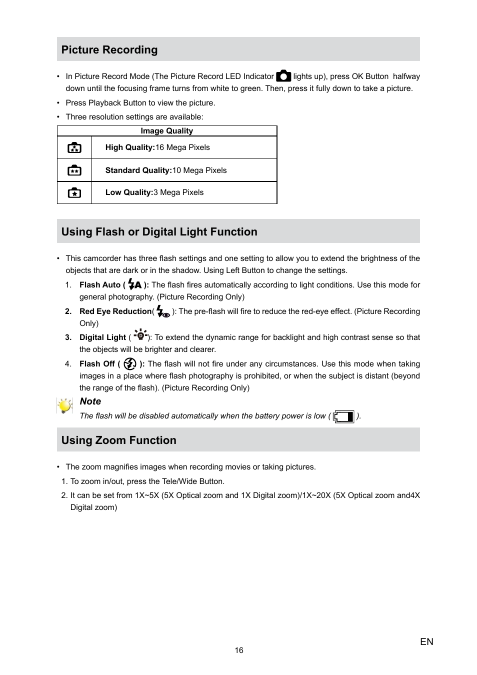 Picture recording, Using flash or digital light function, Using zoom function | Toshiba Camileo H30 User Manual | Page 16 / 52