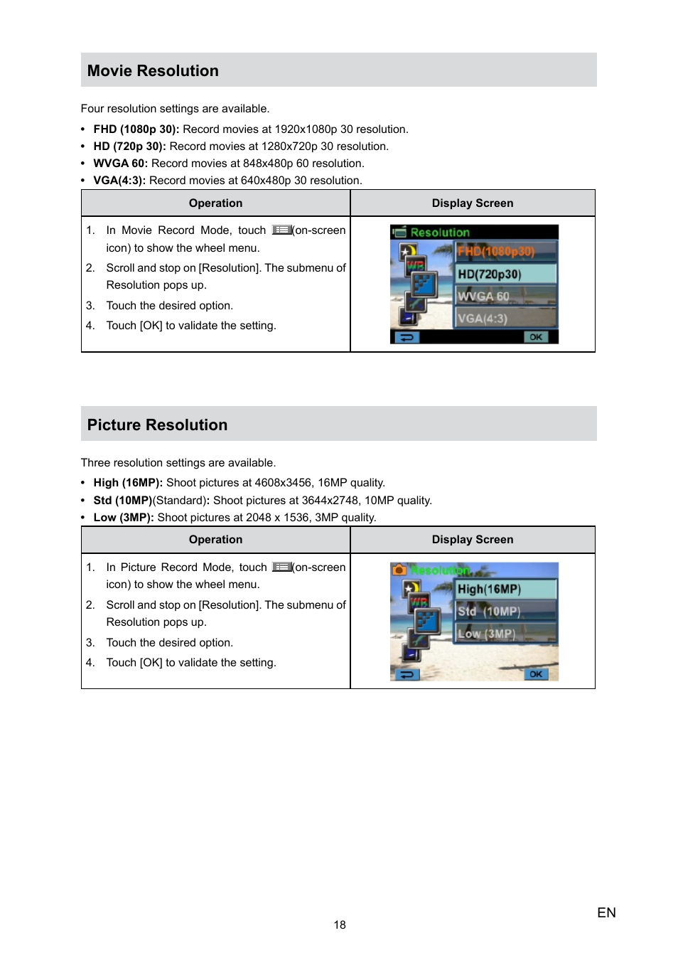 Movie resolution, Picture resolution | Toshiba Camileo H30 User Manual | Page 18 / 52