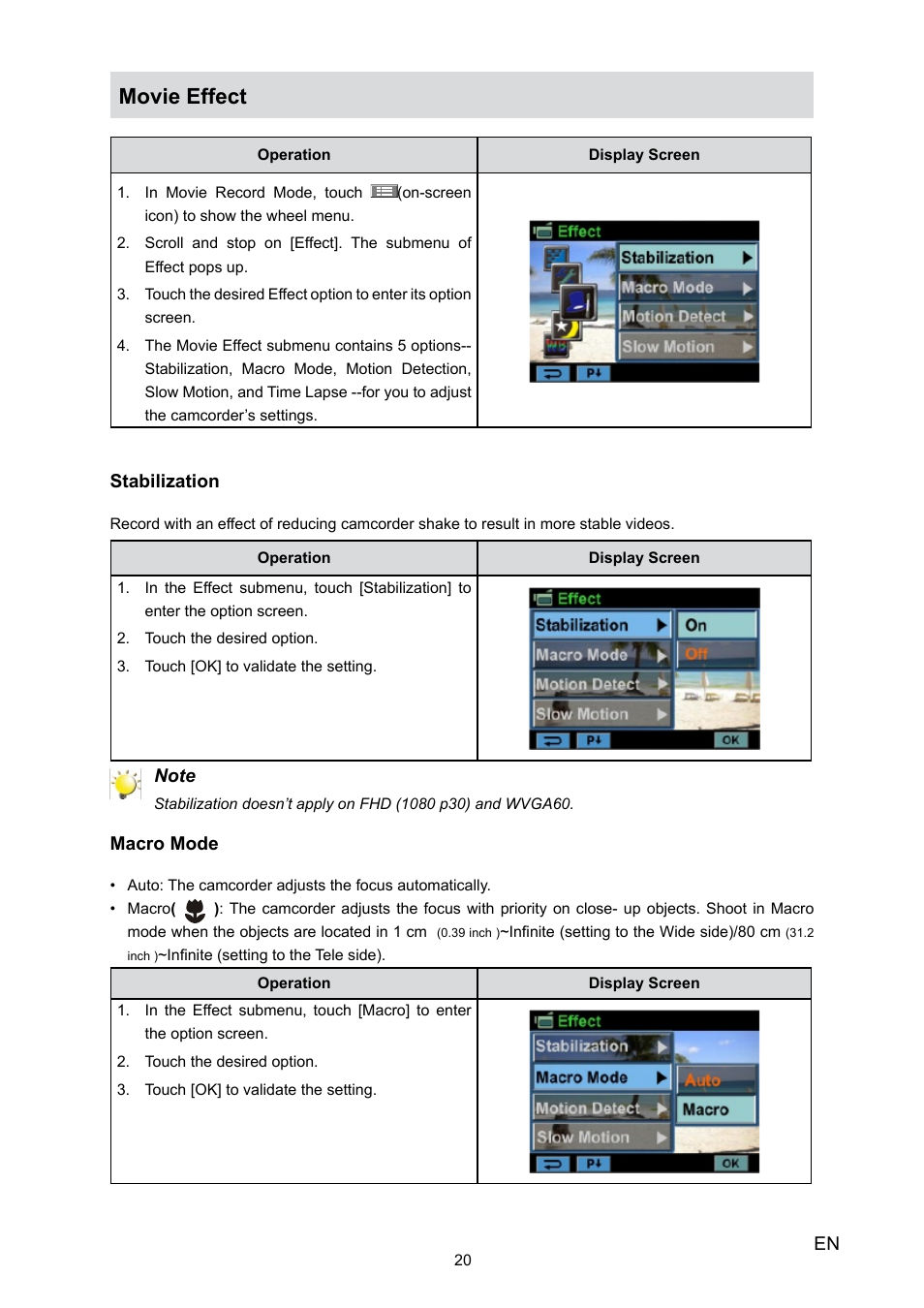Movie effect | Toshiba Camileo H30 User Manual | Page 20 / 52