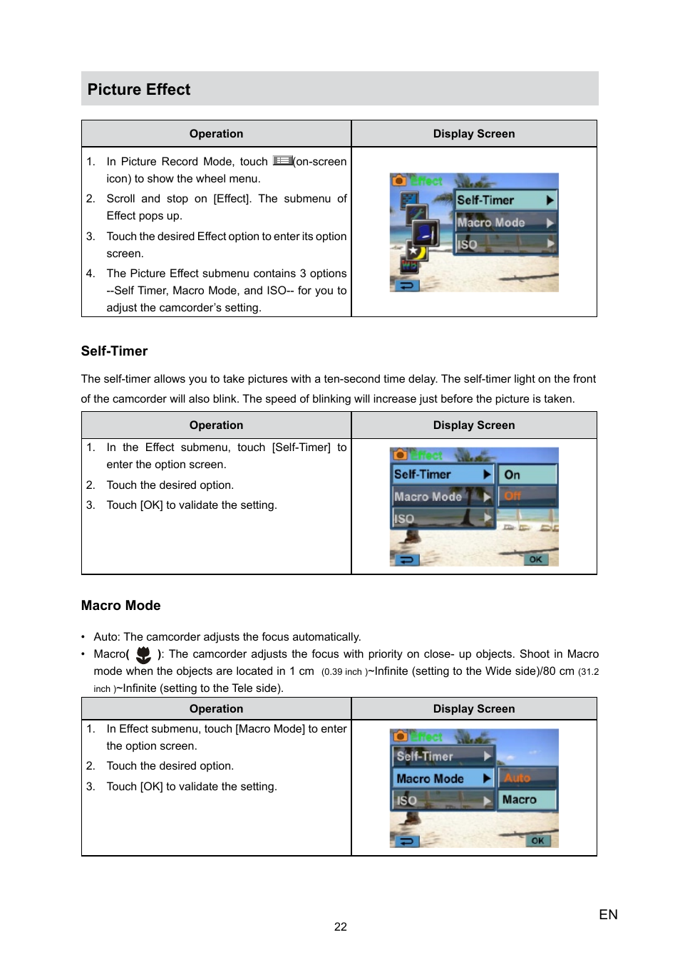 Picture effect | Toshiba Camileo H30 User Manual | Page 22 / 52