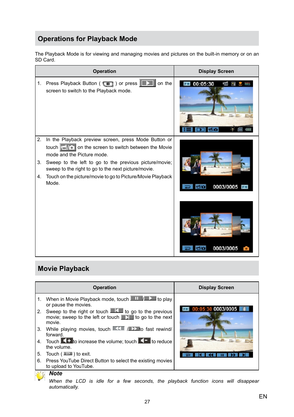 Operations for playback mode, Movie playback | Toshiba Camileo H30 User Manual | Page 27 / 52