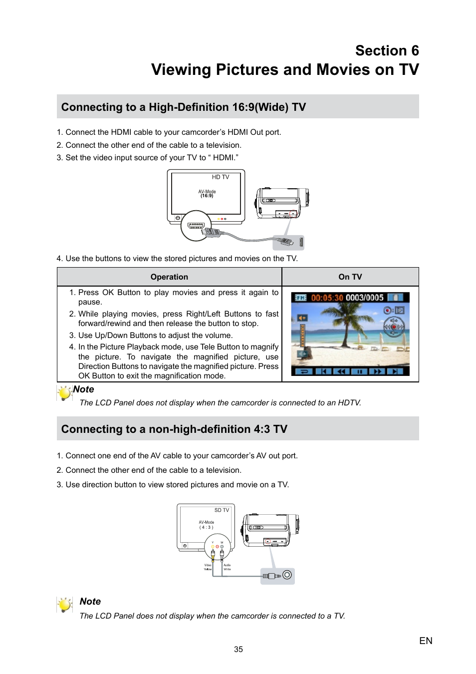 Viewing pictures and movies on tv, Connecting to a high-definition 16:9(wide) tv, Connecting to a non-high-definition 4:3 tv | Toshiba Camileo H30 User Manual | Page 35 / 52