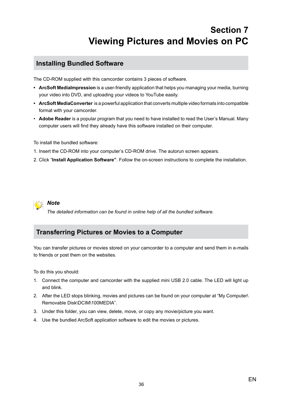 Viewing pictures and movies on pc, Installing bundled software, Transferring pictures or movies to a computer | Toshiba Camileo H30 User Manual | Page 36 / 52