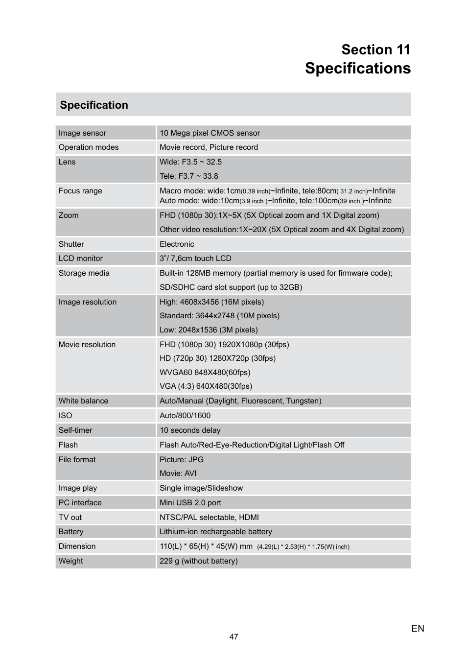 Specifications, Specification | Toshiba Camileo H30 User Manual | Page 47 / 52