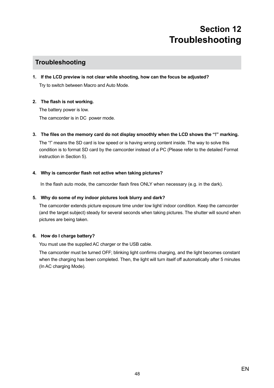 Troubleshooting | Toshiba Camileo H30 User Manual | Page 48 / 52