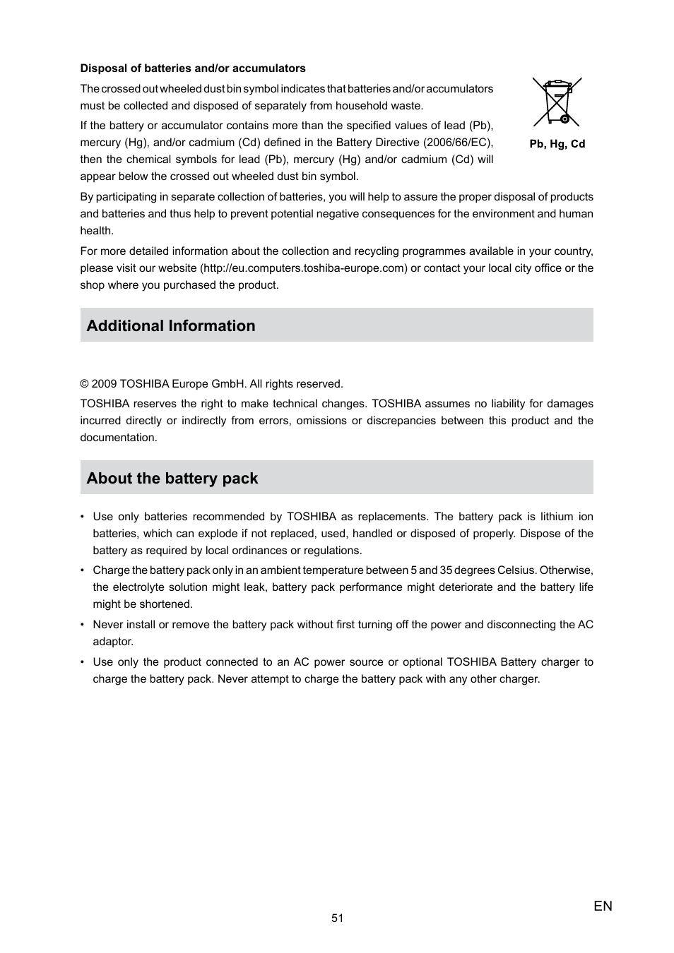 Additional information, About the battery pack | Toshiba Camileo H30 User Manual | Page 51 / 52
