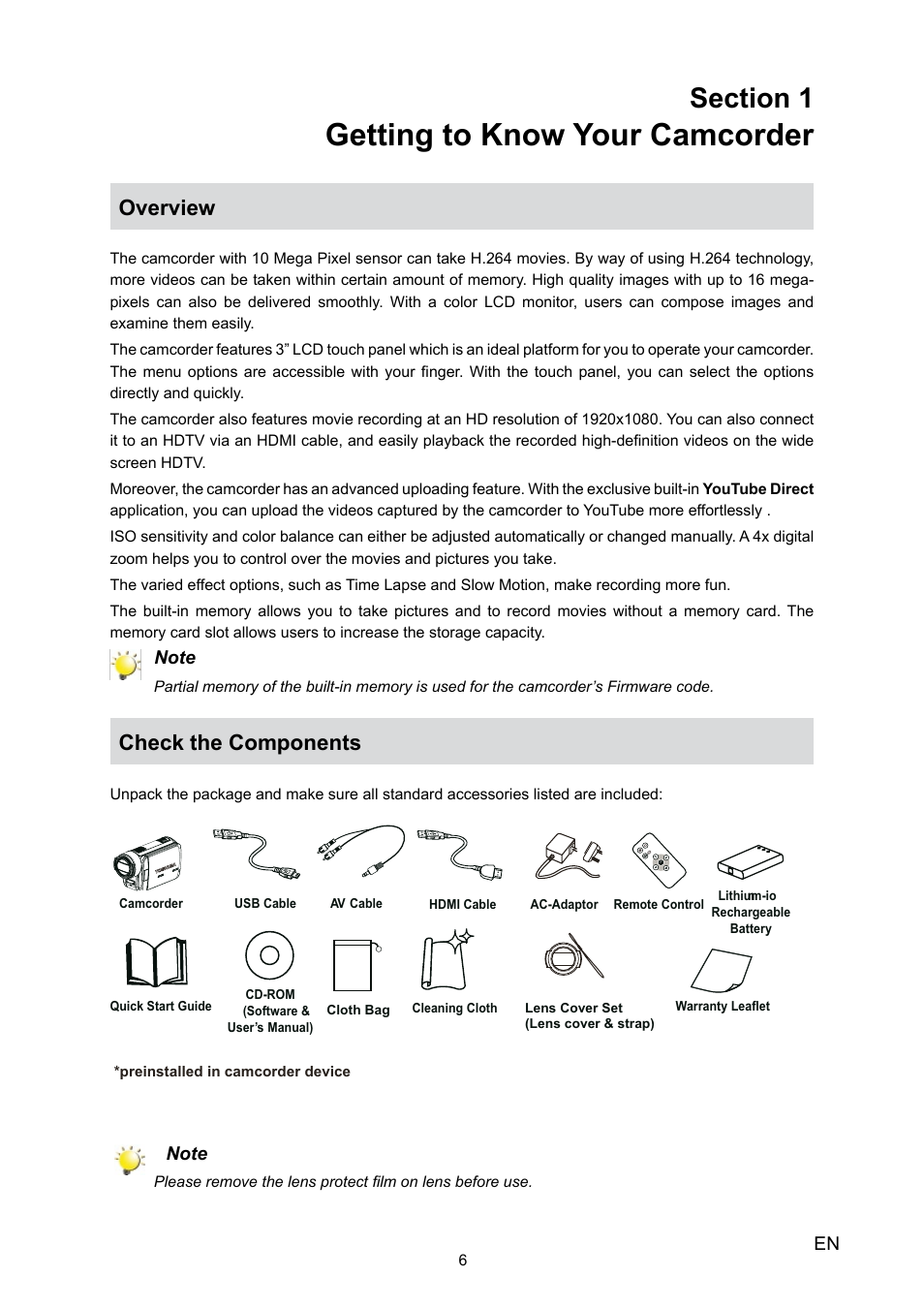 Getting to know your camcorder, Overview, Check the components | Toshiba Camileo H30 User Manual | Page 6 / 52