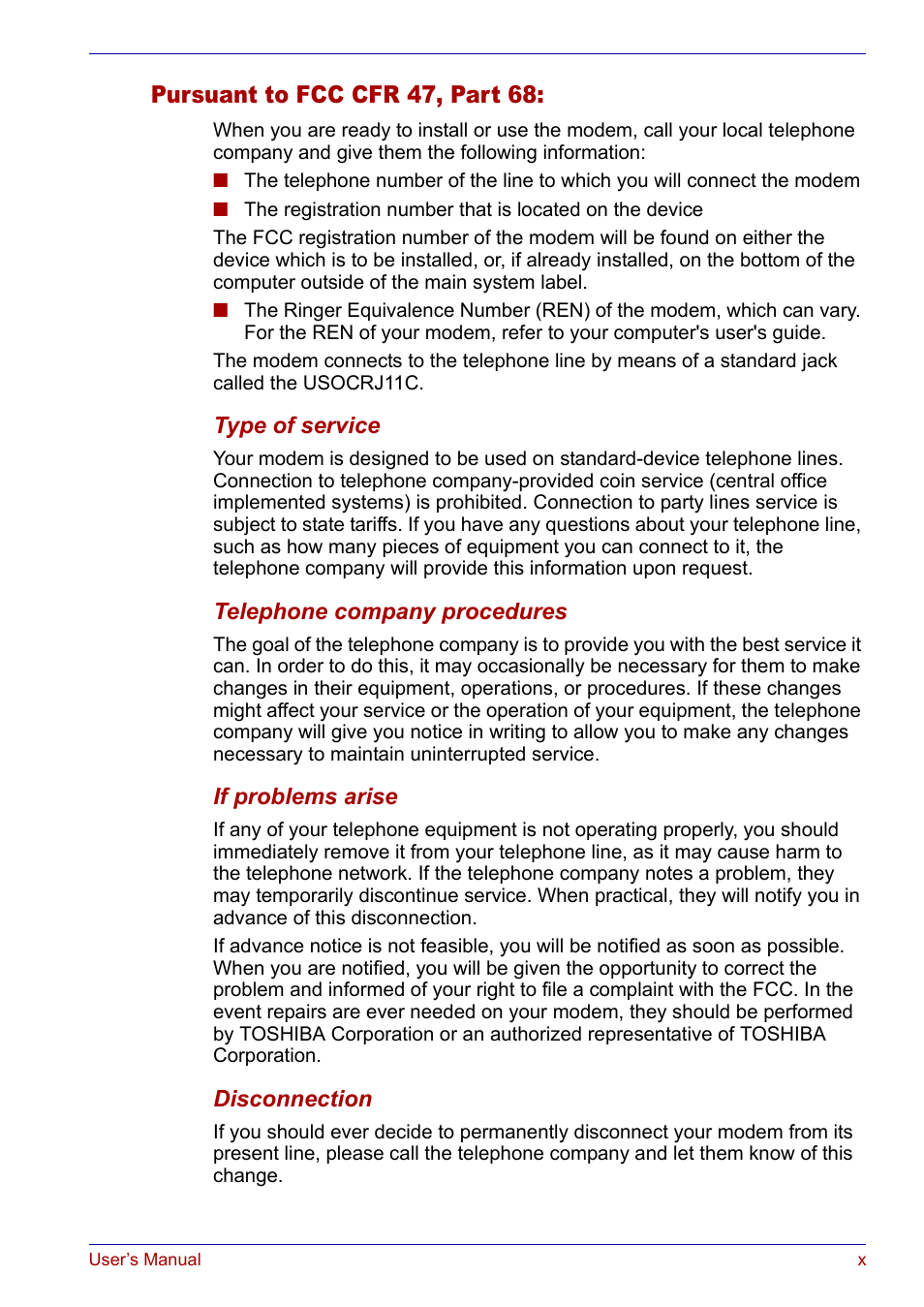 Pursuant to fcc cfr 47, part 68 | Toshiba SATELLITE M30X User Manual | Page 10 / 155