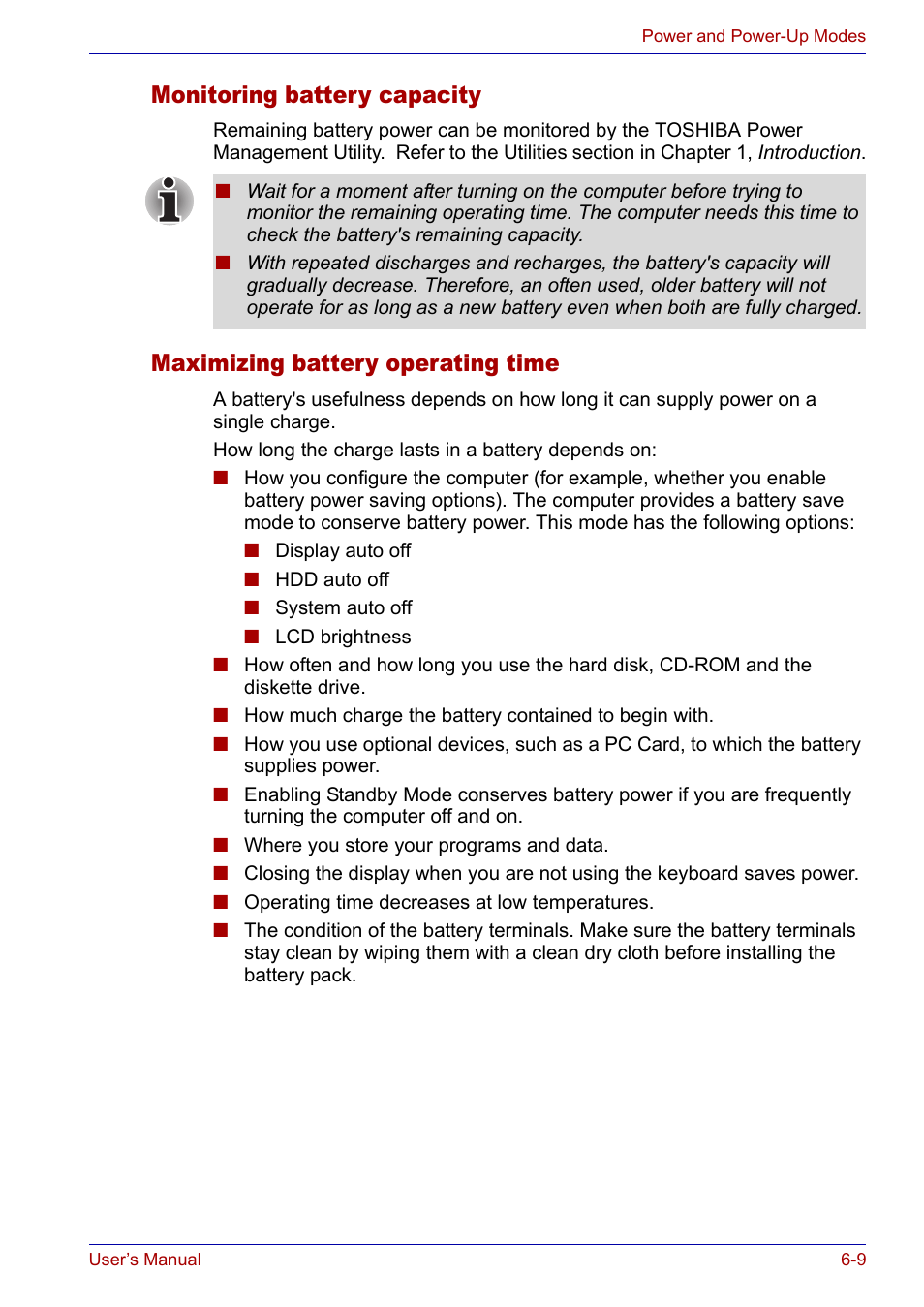 Monitoring battery capacity, Maximizing battery operating time | Toshiba SATELLITE M30X User Manual | Page 102 / 155