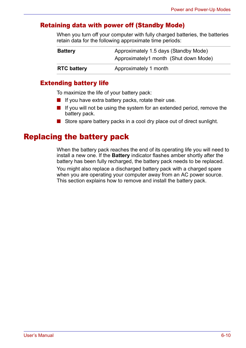 Retaining data with power off (standby mode), Extending battery life, Replacing the battery pack | Replacing the battery pack -10 | Toshiba SATELLITE M30X User Manual | Page 103 / 155