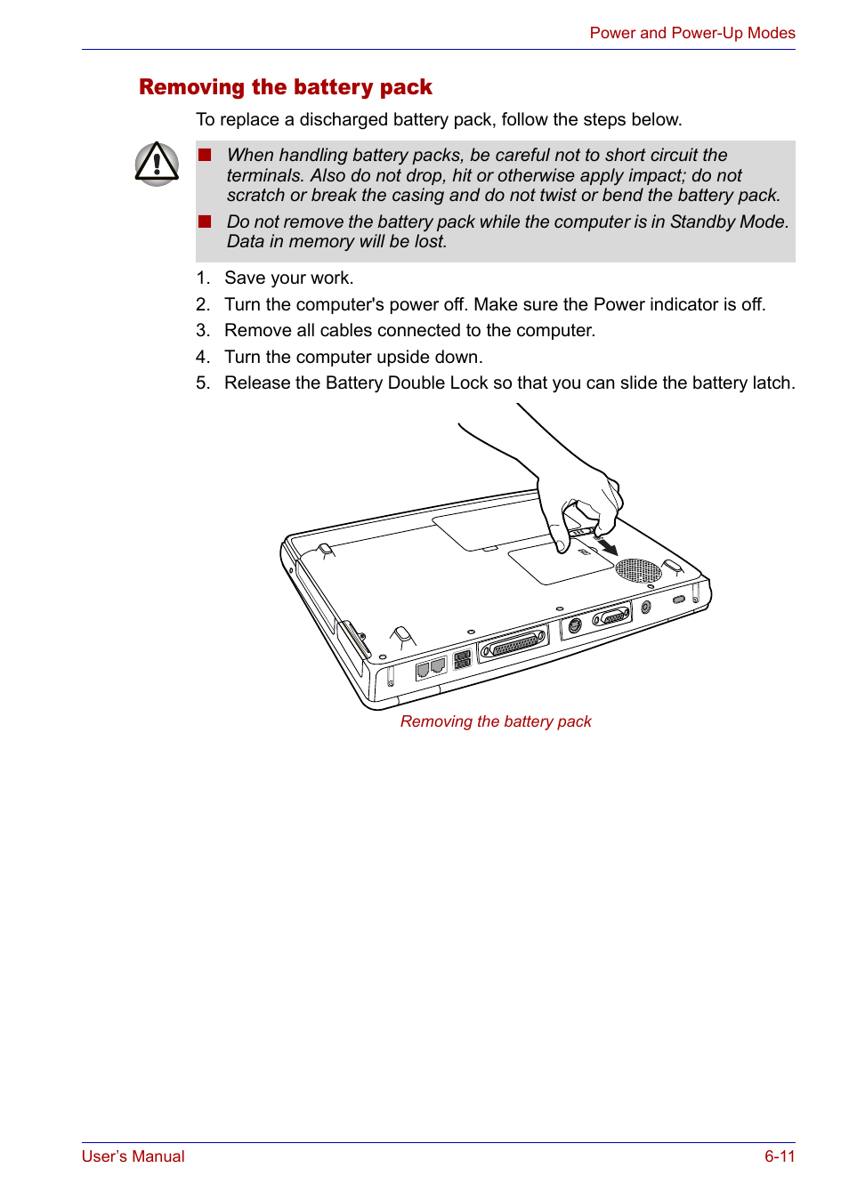 Removing the battery pack, Removing the battery pack -11 | Toshiba SATELLITE M30X User Manual | Page 104 / 155