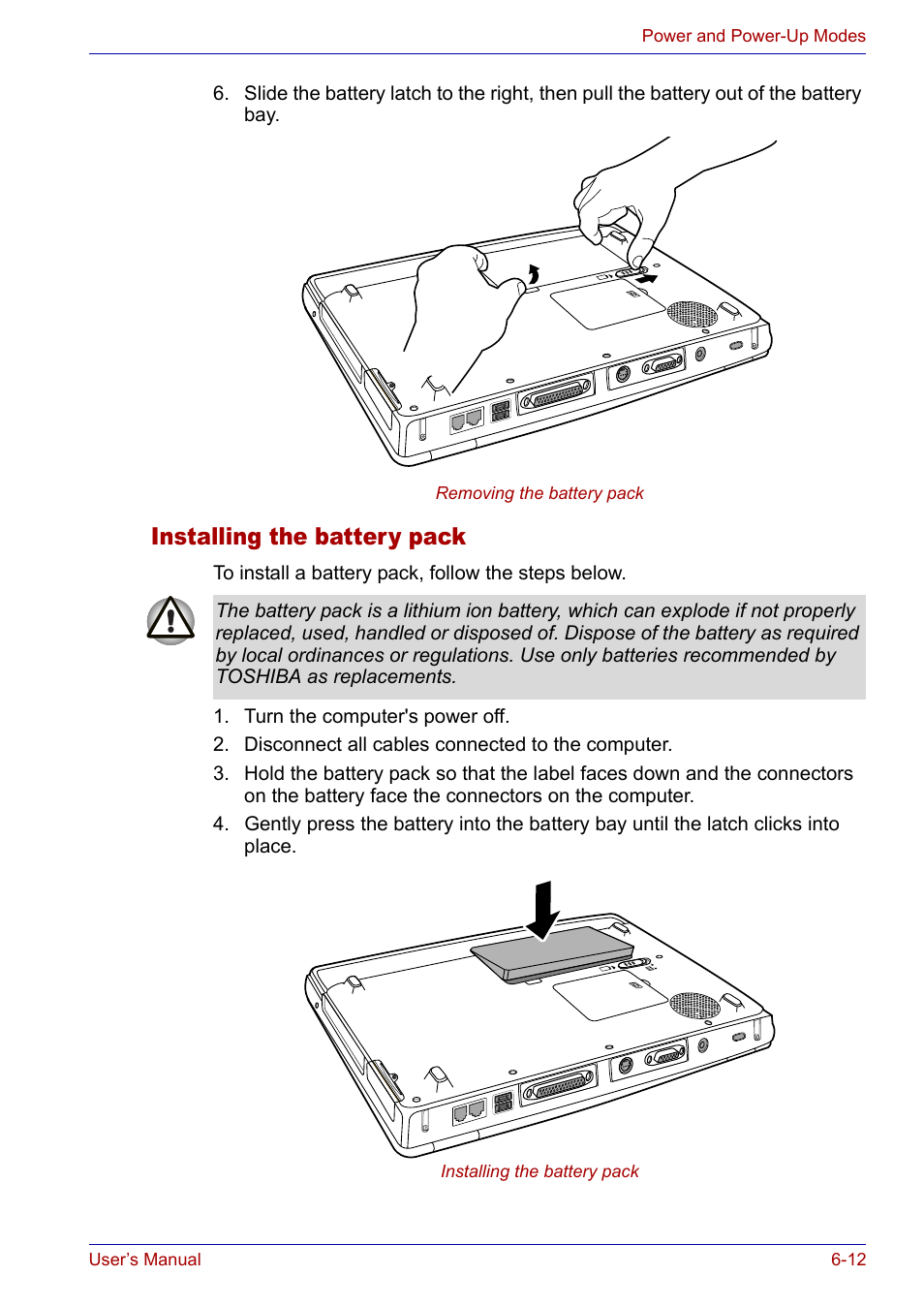 Installing the battery pack, Installing the battery pack -12 | Toshiba SATELLITE M30X User Manual | Page 105 / 155
