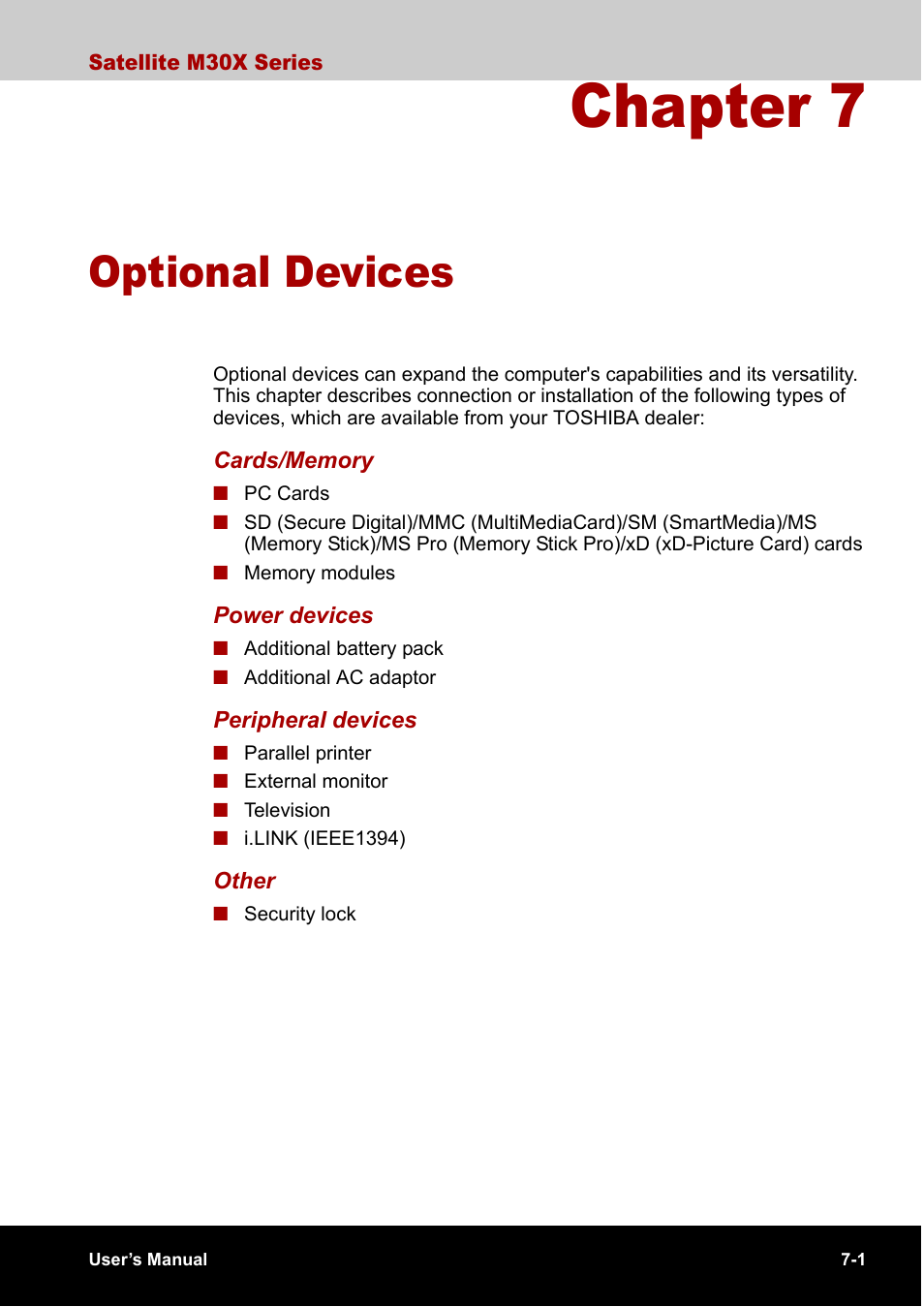 Chapter 7 optional devices, Chapter 7, Optional devices | Chapter 7, optional devices | Toshiba SATELLITE M30X User Manual | Page 107 / 155