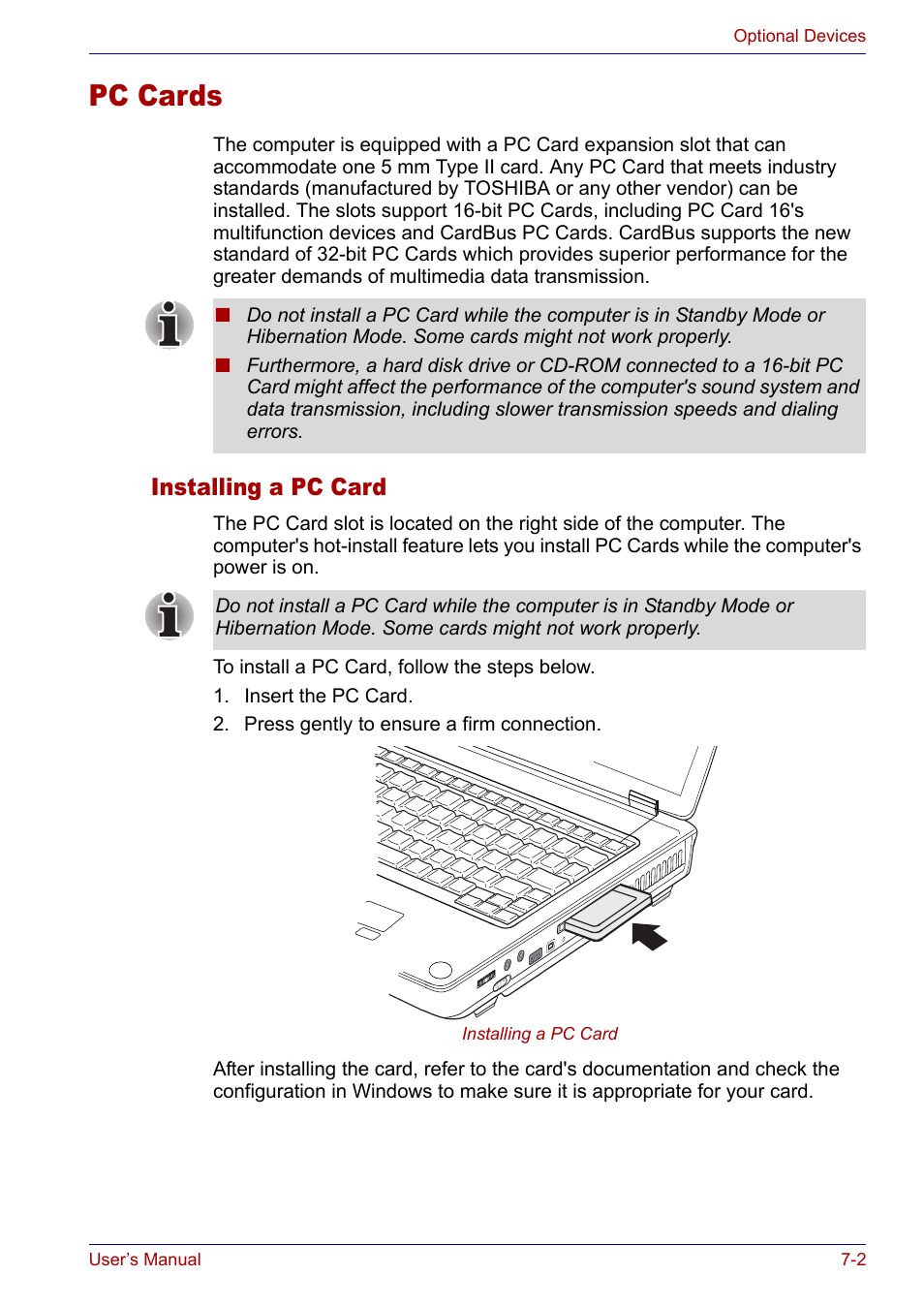 Pc cards, Installing a pc card, Pc cards -2 | Installing a pc card -2 | Toshiba SATELLITE M30X User Manual | Page 108 / 155