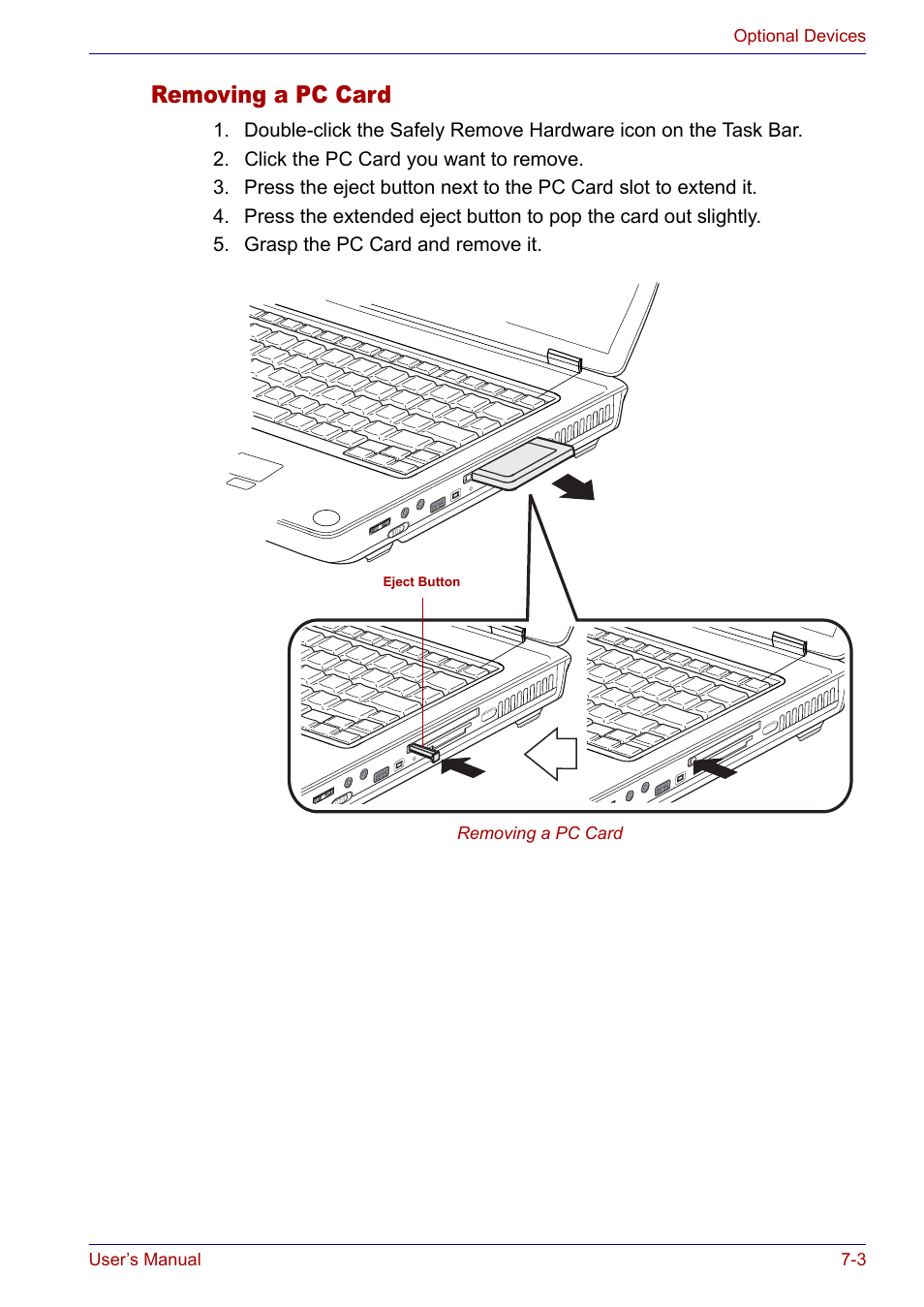 Removing a pc card, Removing a pc card -3 | Toshiba SATELLITE M30X User Manual | Page 109 / 155